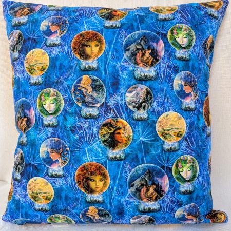 Reverse of Autumn Nature Goddess fantasy art cushion cover with small round vignettes of scenes from the front cover