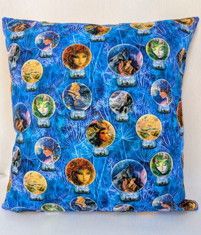 Reverse of Autumn Nature Goddess fantasy art cushion cover with small round vignettes of scenes from the front cover