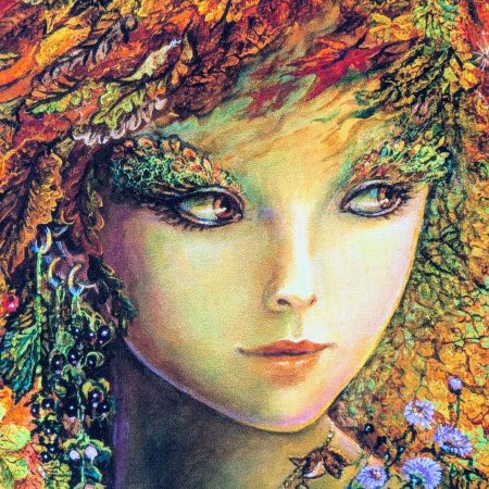 Autumn Nature Goddess with antlers, 18" 45cm cotton cushion cover with leaves berries and woodland textures in rich golden seasonal colours