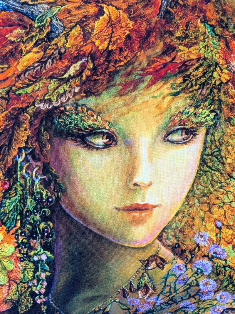 Autumn Nature Goddess with antlers, 18" 45cm cotton cushion cover with leaves berries and woodland textures in rich golden seasonal colours