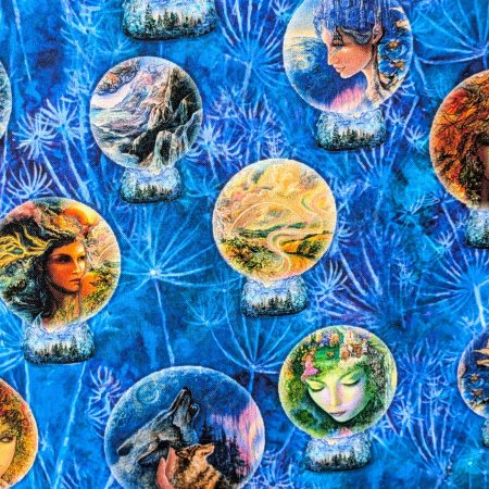 Close up of Moon Goddess fantasy art 18" 45cm cotton cushion cover with small round vignettes of scenes from the front cover