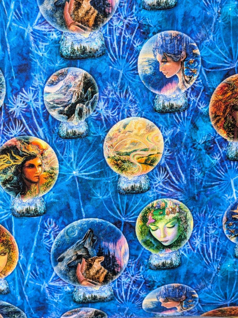 Close up of Moon Goddess fantasy art 18" 45cm cotton cushion cover with small round vignettes of scenes from the front cover