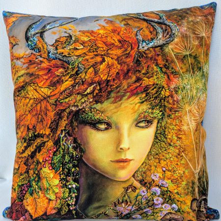 Autumn Woodland Goddess fantasy art cushion cover featuring leaves, berries and warm harvest colours