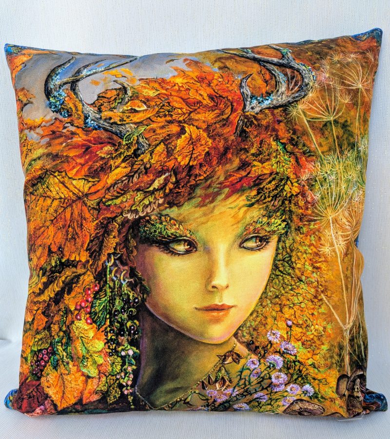 Autumn Woodland Goddess fantasy art cushion cover featuring leaves, berries and warm harvest colours
