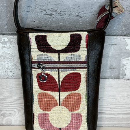 Brown ostrich effect faux vinyl and woven cotton mini crossbody pouch