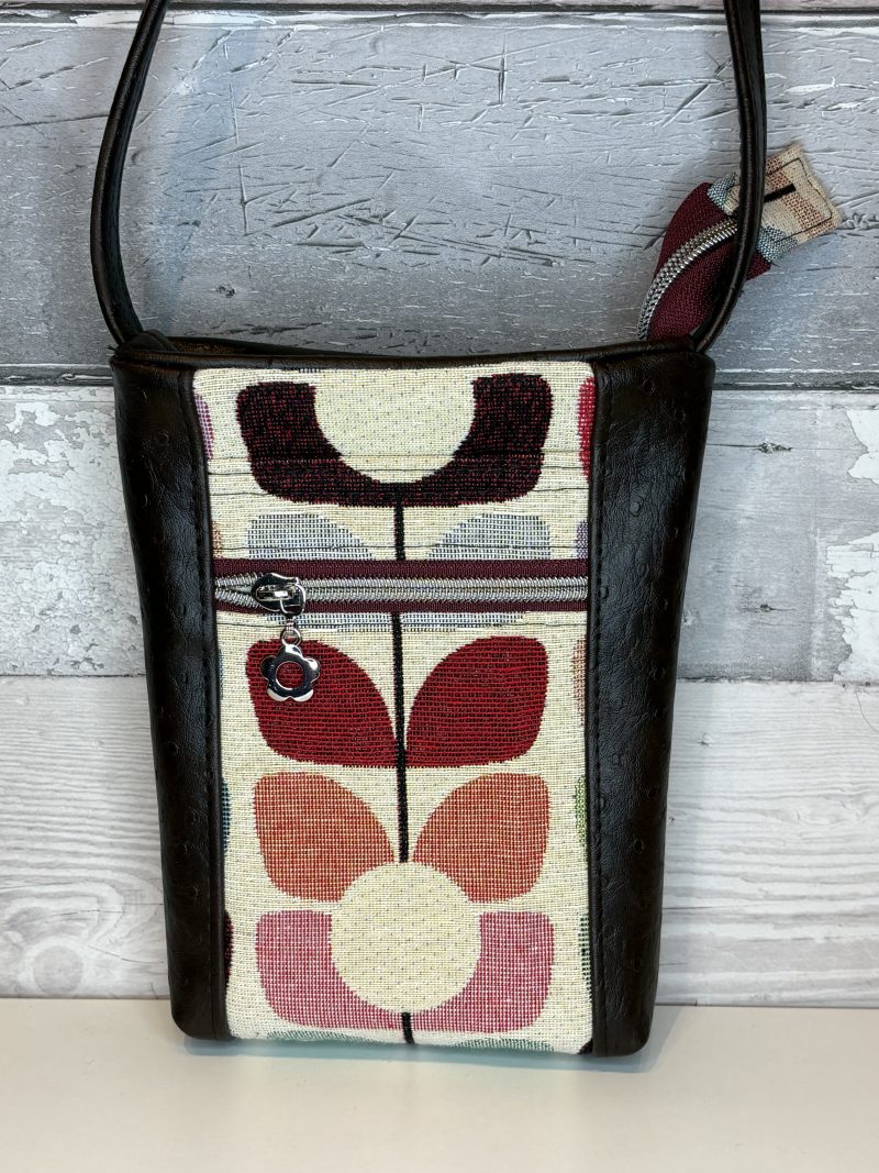 Brown ostrich effect faux vinyl and woven cotton mini crossbody pouch