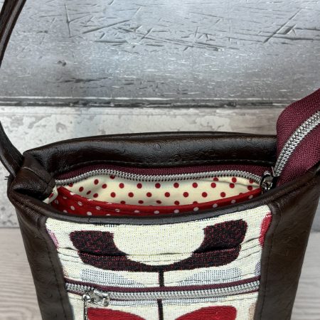 Brown ostrich effect faux vinyl and woven cotton mini crossbody pouch