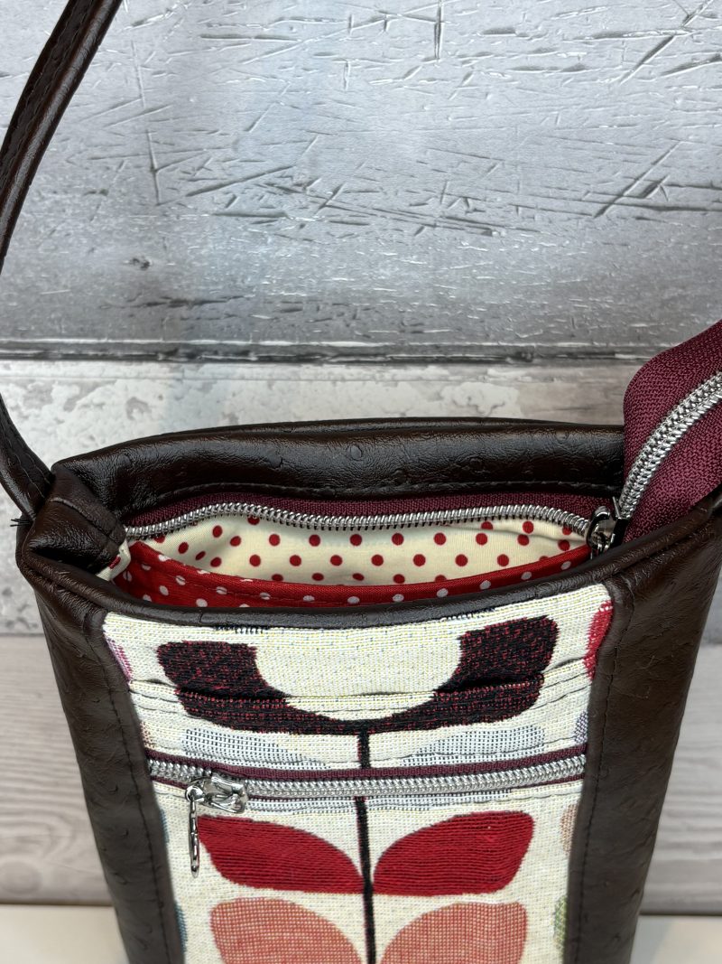Brown ostrich effect faux vinyl and woven cotton mini crossbody pouch