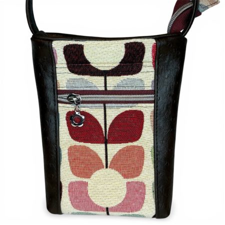 Brown ostrich effect faux vinyl and woven cotton mini crossbody pouch