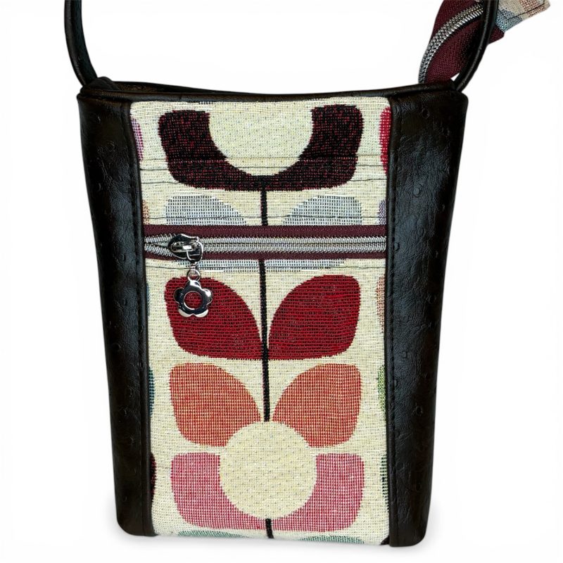 Brown ostrich effect faux vinyl and woven cotton mini crossbody pouch