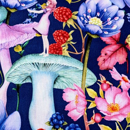 Detail of the reverse of the decorative 18" 45cm pillow cover with whimsical girl, mushroom, berries and large flowers on a navy blue botanical background.
