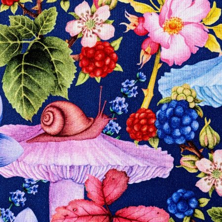 Close of the detail for the decorative 18" 45cm pillow cover with mushrooms, berries and large flowers on a navy blue botanical background