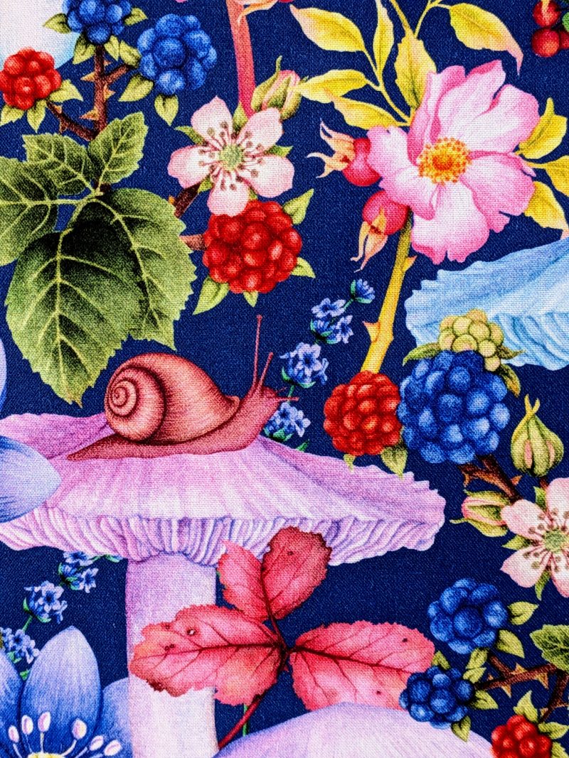 Close of the detail for the decorative 18" 45cm pillow cover with mushrooms, berries and large flowers on a navy blue botanical background