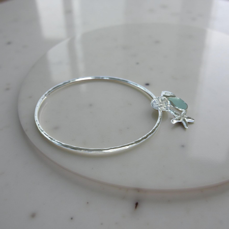 Sterling Silver Bangle with Seafoam Sea Glass and Silver Charms