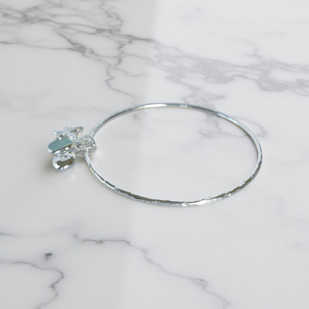 Sterling Silver Bangle with Seafoam Sea Glass and Silver Charms