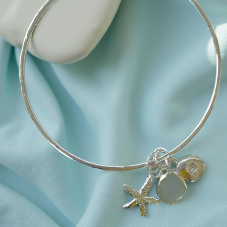 Sterling Silver Bangle with Seafoam Sea Glass and Silver Charms