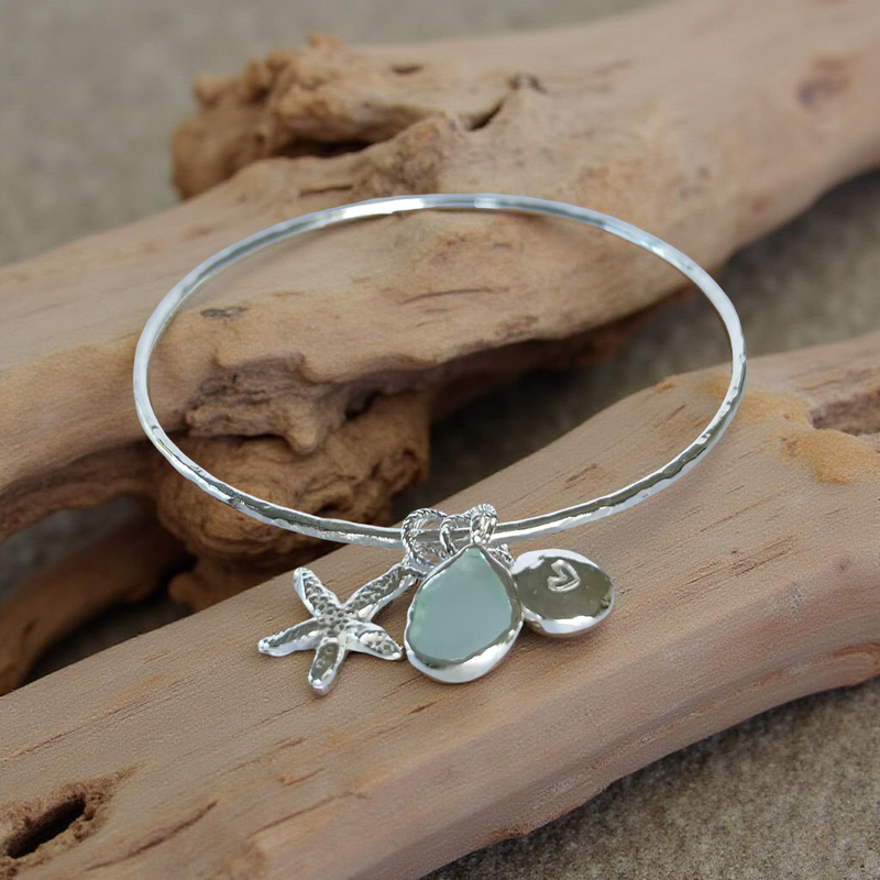 Sterling Silver Bangle with Seafoam Sea Glass and Silver Charms