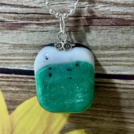 Handcrafted Pendant. Green, Black & White Rectangle, 30mm, OOAK. Silver Plated 18 inch Chain.