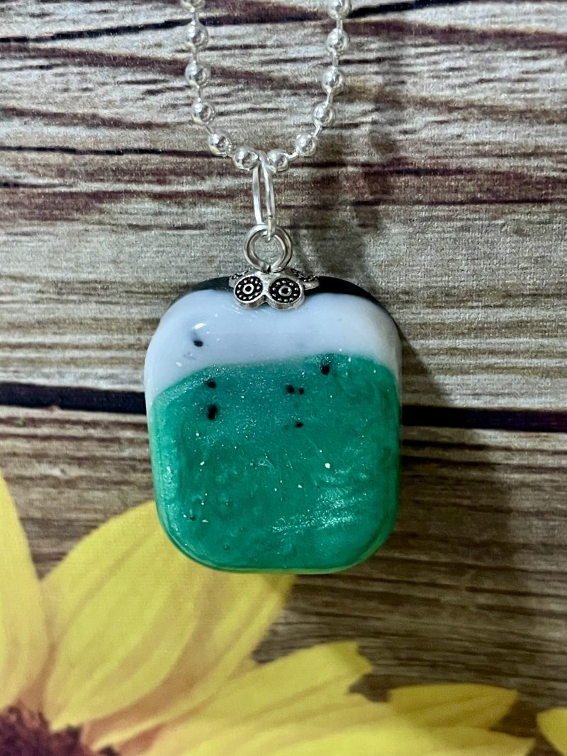 Handcrafted Pendant. Green, Black & White Rectangle, 30mm, OOAK. Silver Plated 18 inch Chain.