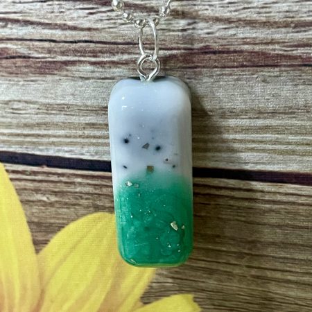 Handcrafted Pendants. Green, Black & White OOAK. Rectangle 50mm, Silver Plated 18 inch Chain.