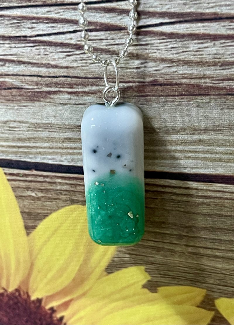 Handcrafted Pendants. Green, Black & White OOAK. Rectangle 50mm, Silver Plated 18 inch Chain.