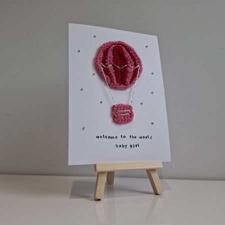 Handmade Crochet Hot Air Balloon New Baby Card – Baby Girl Card – Welcome to the World – Unique Keepsake Card