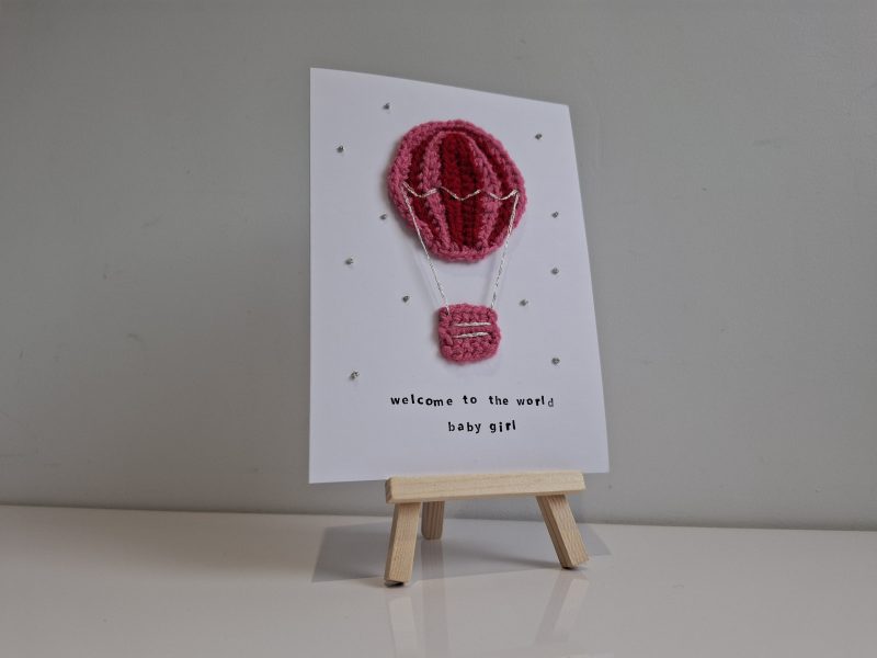 Handmade Crochet Hot Air Balloon New Baby Card – Baby Girl Card – Welcome to the World – Unique Keepsake Card