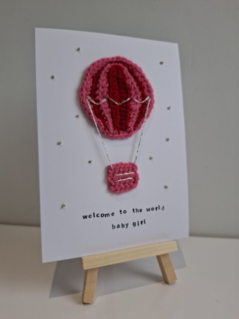 Handmade Crochet Hot Air Balloon New Baby Card – Baby Girl Card – Welcome to the World – Unique Keepsake Card