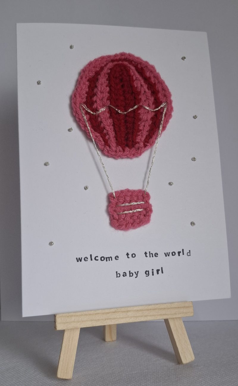 Handmade Crochet Hot Air Balloon New Baby Card – Baby Girl Card – Welcome to the World – Unique Keepsake Card