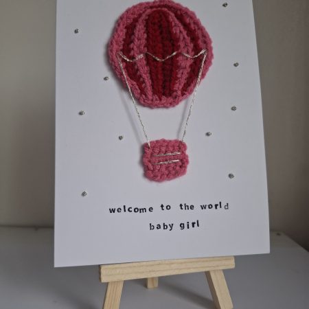 Handmade Crochet Hot Air Balloon New Baby Card – Baby Girl Card – Welcome to the World – Unique Keepsake Card