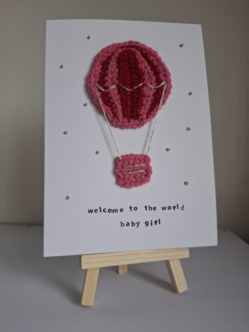 Handmade Crochet Hot Air Balloon New Baby Card – Baby Girl Card – Welcome to the World – Unique Keepsake Card