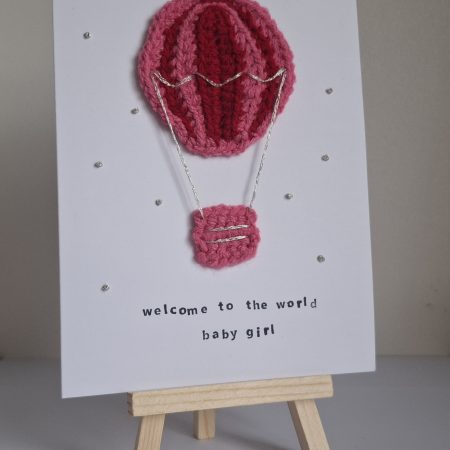 Handmade Crochet Hot Air Balloon New Baby Card – Baby Girl Card – Welcome to the World – Unique Keepsake Card