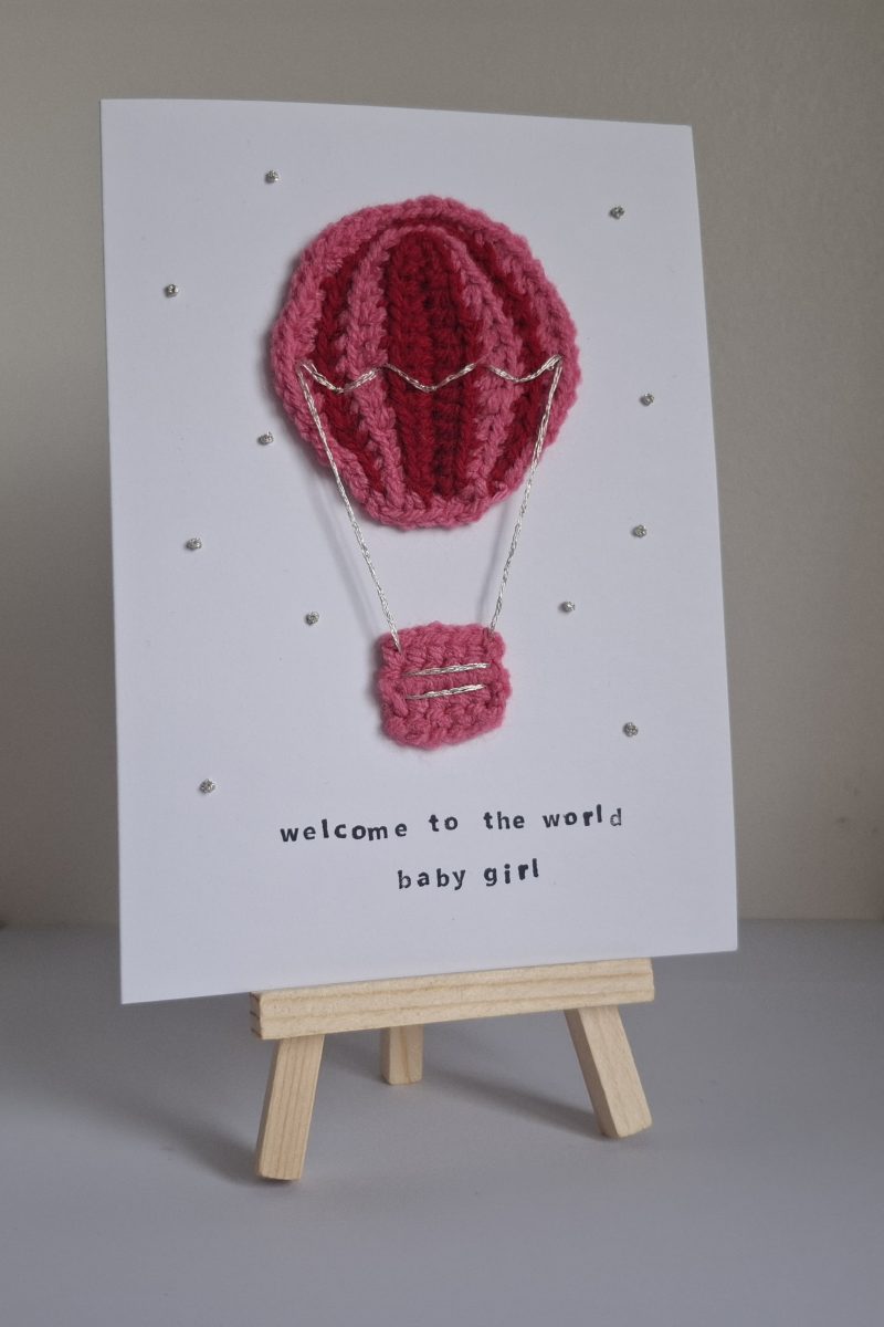 Handmade Crochet Hot Air Balloon New Baby Card – Baby Girl Card – Welcome to the World – Unique Keepsake Card