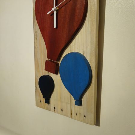 Wooden wall clock. Handmade from pallet wood. Air balloon theme. Quartz movement. Battery operated.