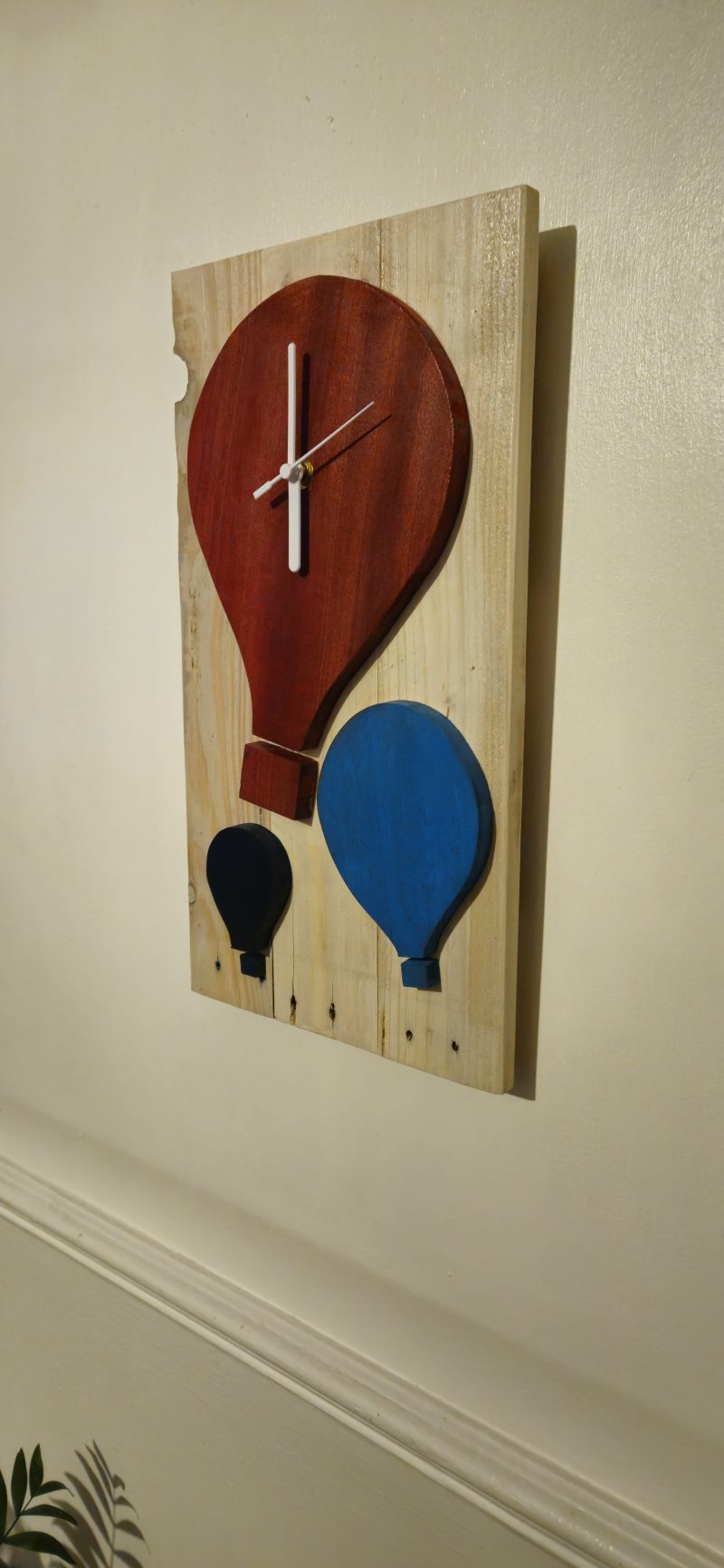 Wooden wall clock. Handmade from pallet wood. Air balloon theme. Quartz movement. Battery operated.