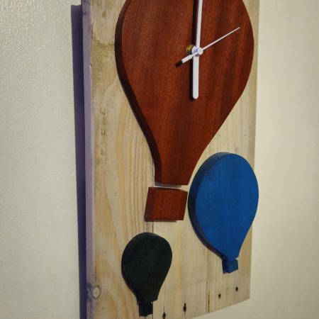 Wooden wall clock. Handmade from pallet wood. Air balloon theme. Quartz movement. Battery operated.