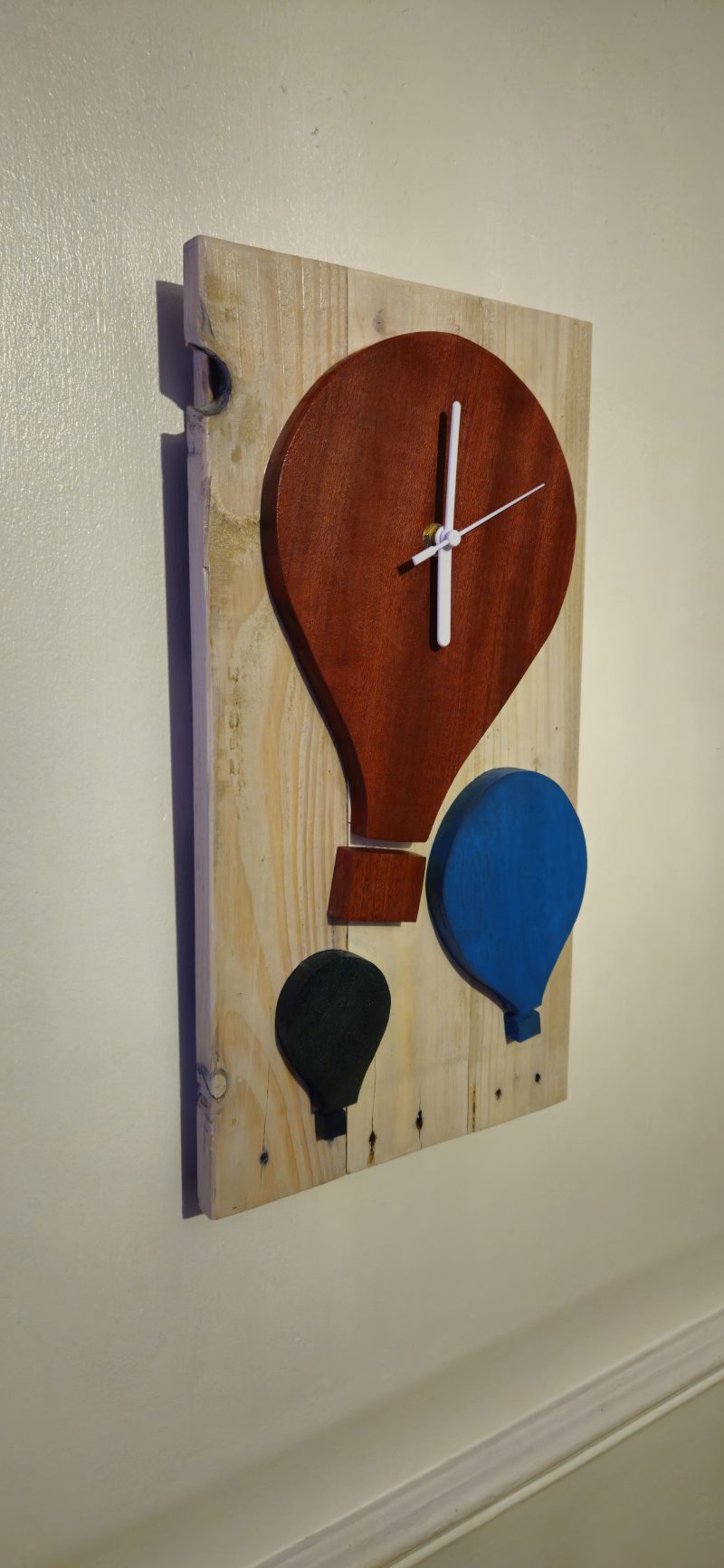 Wooden wall clock. Handmade from pallet wood. Air balloon theme. Quartz movement. Battery operated.