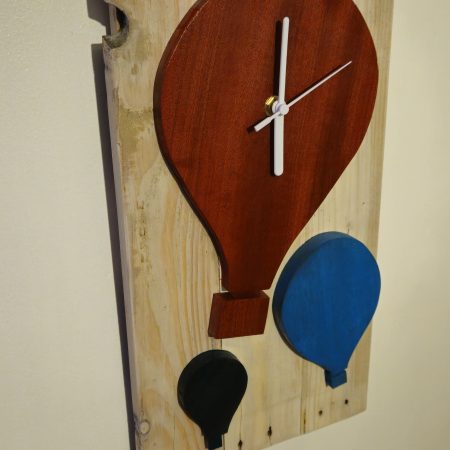 Wooden wall clock. Handmade from pallet wood. Air balloon theme. Quartz movement. Battery operated.