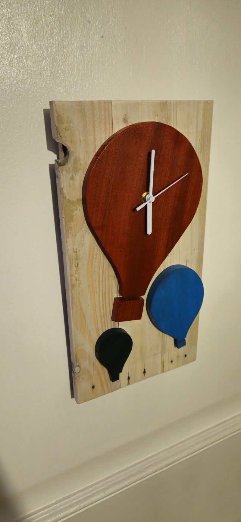 Wooden wall clock. Handmade from pallet wood. Air balloon theme. Quartz movement. Battery operated.