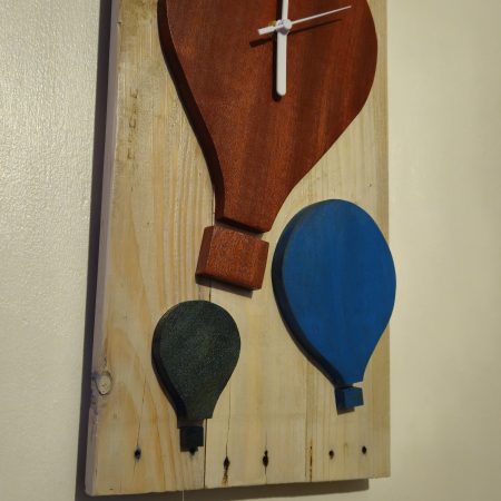 Wooden wall clock. Handmade from pallet wood. Air balloon theme. Quartz movement. Battery operated.
