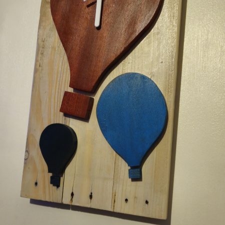 Wooden wall clock. Handmade from pallet wood. Air balloon theme. Quartz movement. Battery operated.
