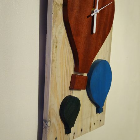 Wooden wall clock. Handmade from pallet wood. Air balloon theme. Quartz movement. Battery operated.