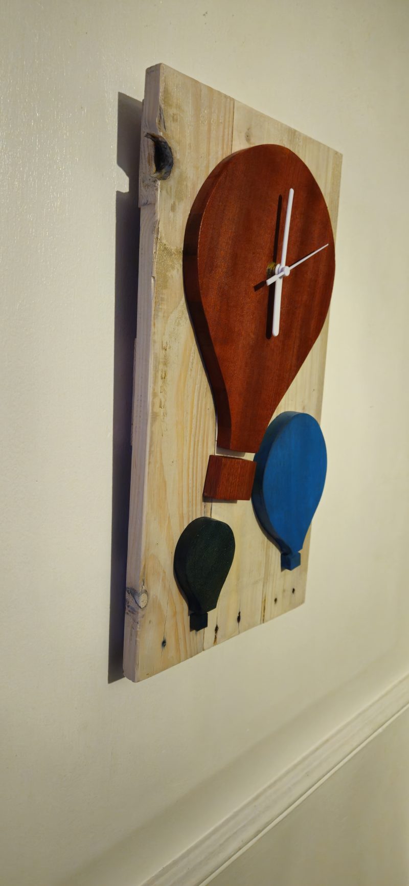 Wooden wall clock. Handmade from pallet wood. Air balloon theme. Quartz movement. Battery operated.
