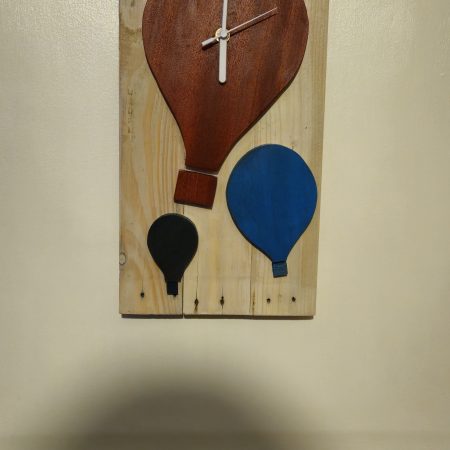 Wooden wall clock. Handmade from pallet wood. Air balloon theme. Quartz movement. Battery operated.