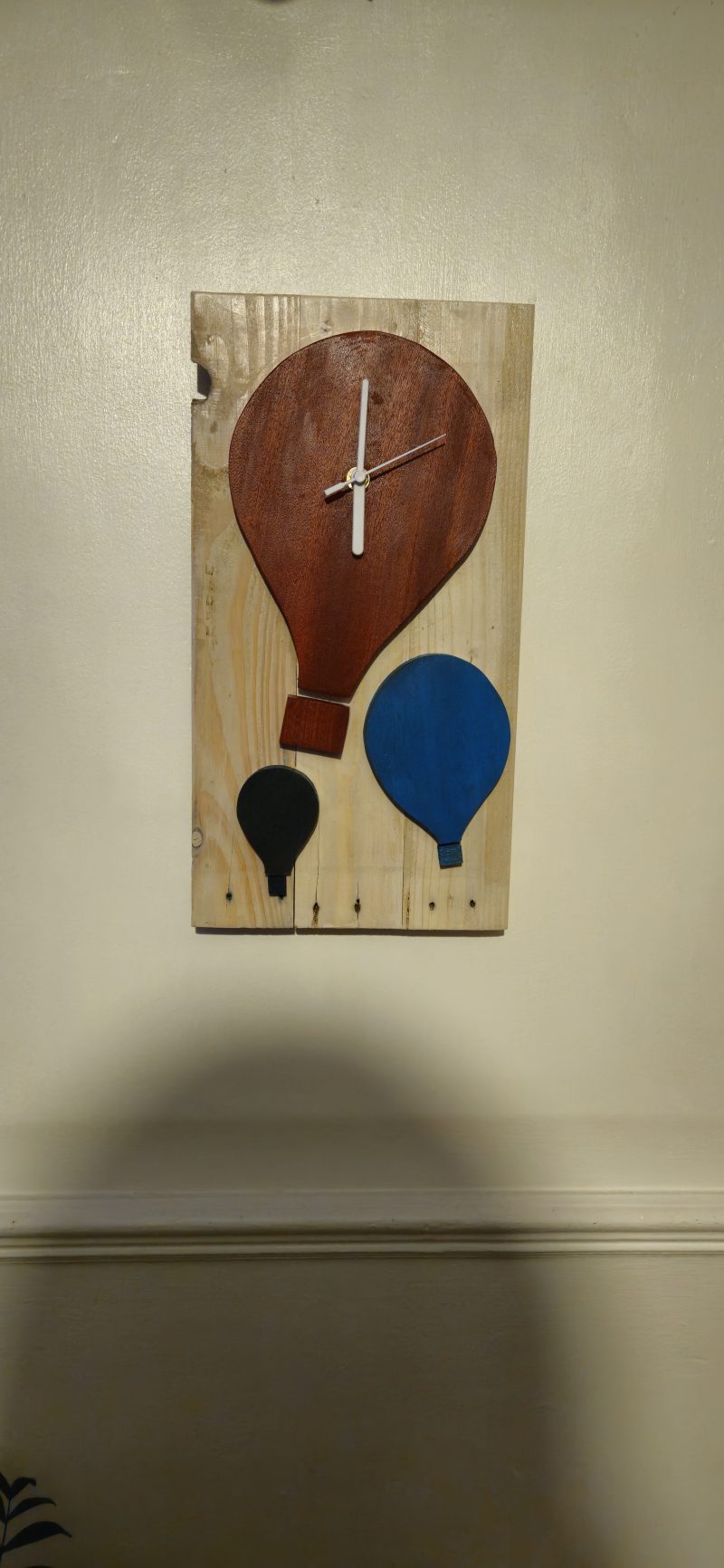 Wooden wall clock. Handmade from pallet wood. Air balloon theme. Quartz movement. Battery operated.