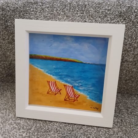 Filey Brigg, viewed from deck chairs, Framed original acrylic.