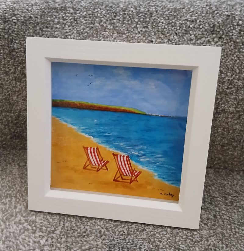Filey Brigg, viewed from deck chairs, Framed original acrylic.