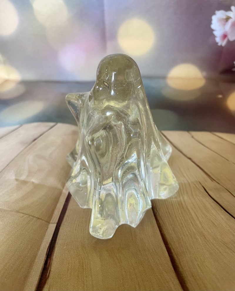 Adorable handcrafted resin ghost ornament. Clear with Silver Glitter.