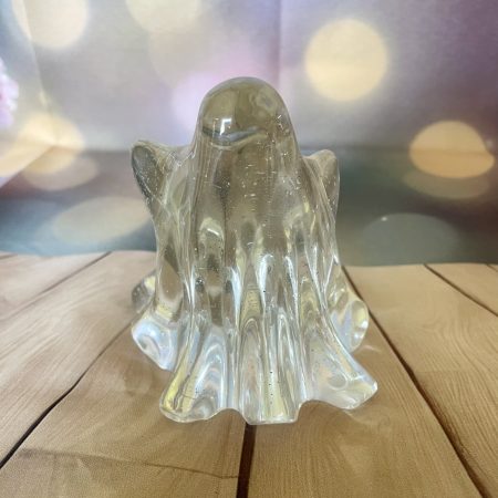 Adorable handcrafted resin ghost ornament. Clear with Silver Glitter.