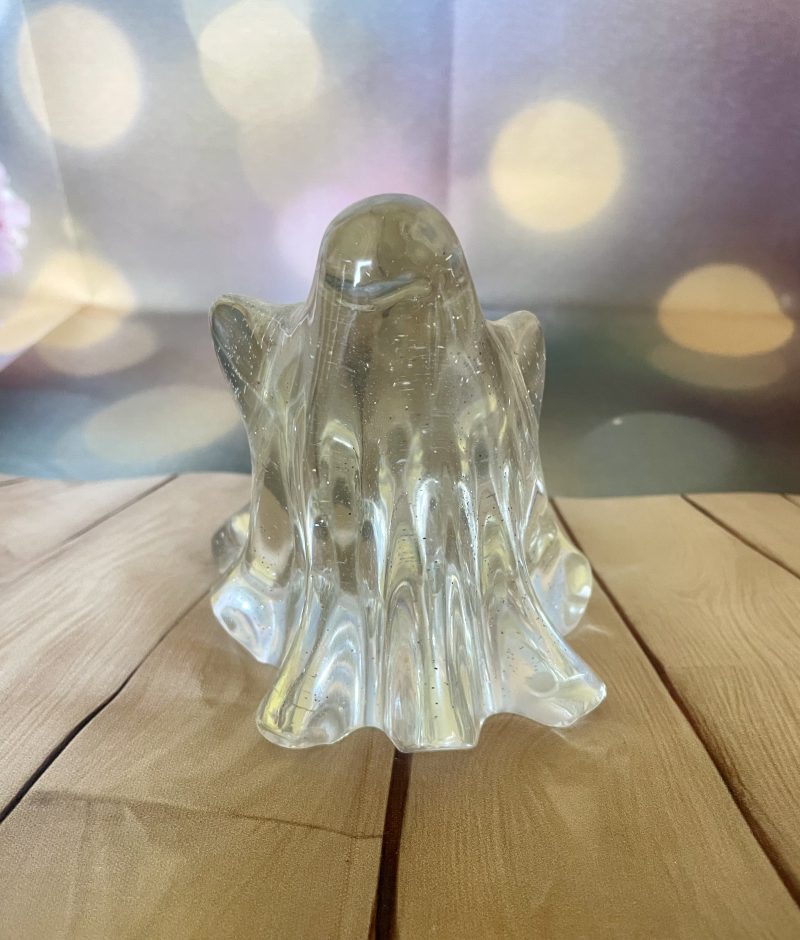 Adorable handcrafted resin ghost ornament. Clear with Silver Glitter.